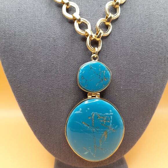 Chico's Gold Tone Chain Turquoise Pendant Necklace, Lucite Gold Accents, 22 Inch - Picture 2 of 9